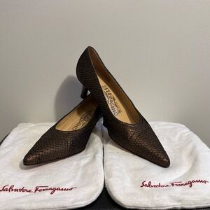 Salvatore Ferragamo Dark Brown Textured Pumps